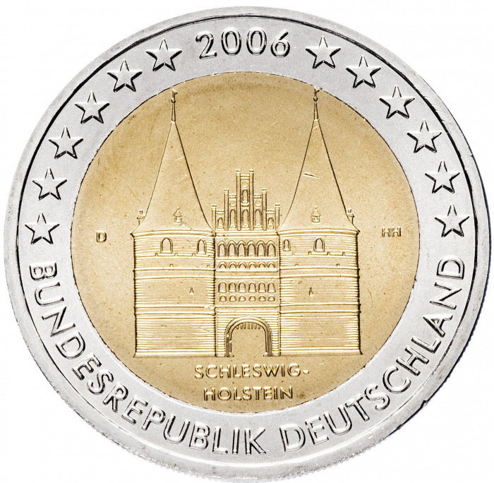 (001) Монета Германия (ФРГ) 2006 год 2 евро &quot;Шлезвиг-Гольштейн&quot; Двор D Биметалл  UNC